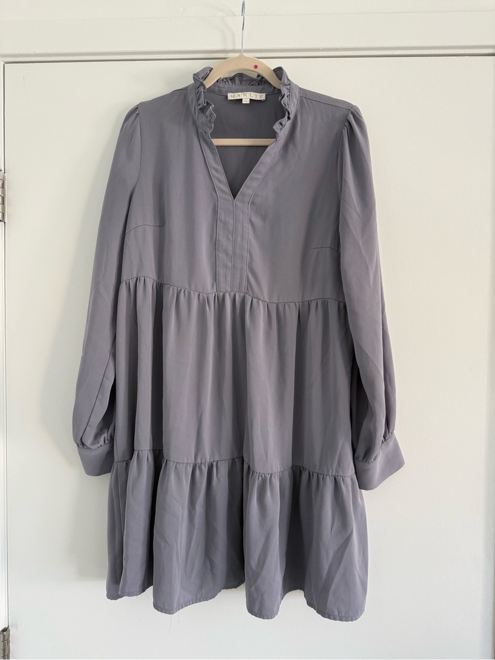 Karlie Lavender Gray Tiered Ruffle Neck Long Sleeve Dress